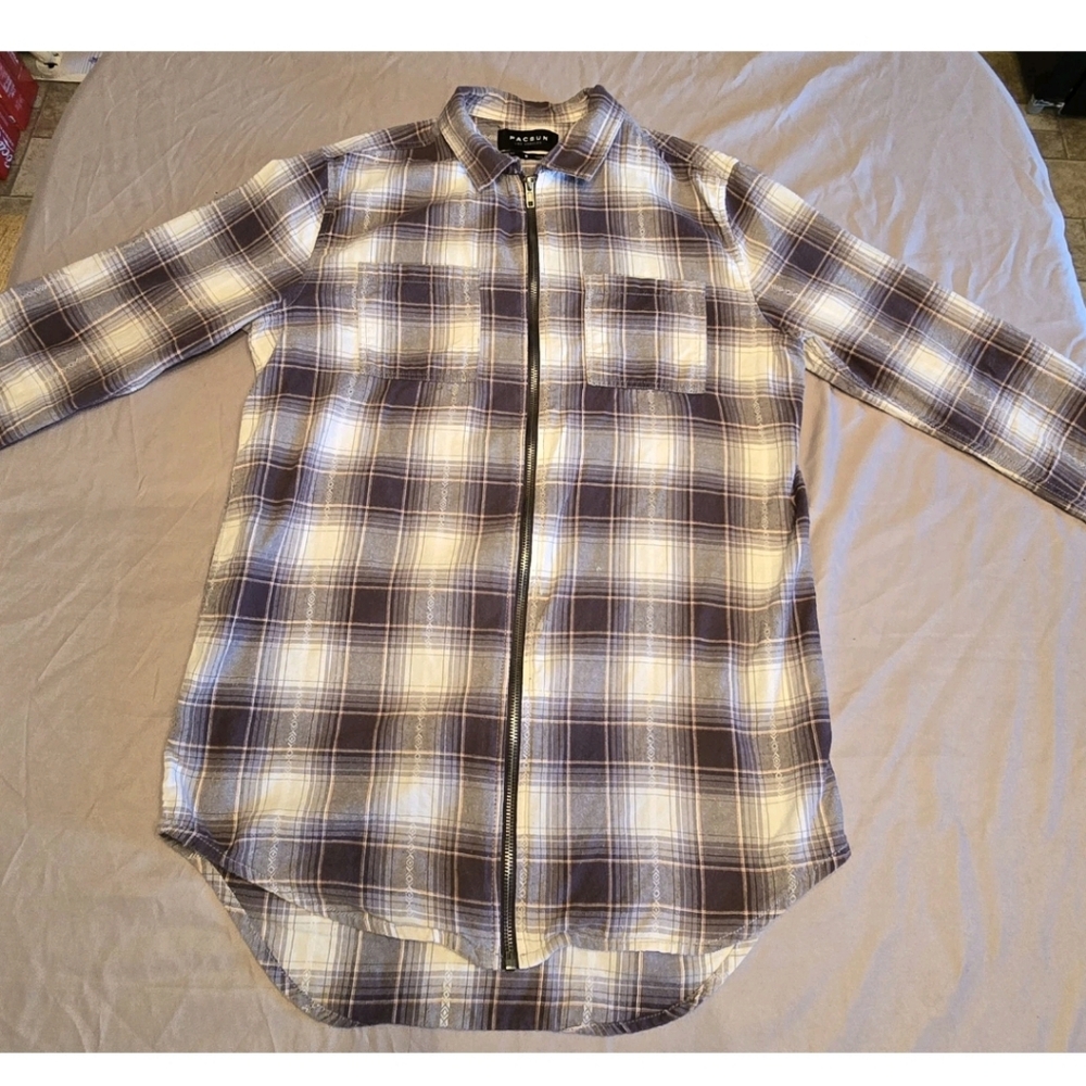 Pacsun Mens Sz Small Brown Plaid Longer Fit Full Zip Up Flannel Shirt